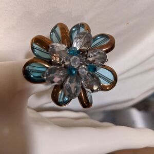 Vintage blue & clear crystal beaded sizable statement ring